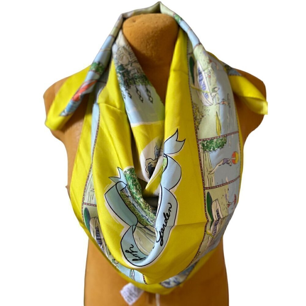 tory burch souvenir silk square scarf acid lemon 36"x36" yellow blue beach ocean - Picture 3 of 13